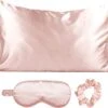 Satin Sleep Set | Softer Than Silk Pillowcase And Eyemask Set - Includes 1 Satin Pillowcase | 1 Satin Eye Mask | And 1 Satin Volume Scrunchie | Pillow Case For Hair (Blush)