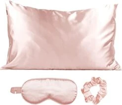 Satin Sleep Set | Softer Than Silk Pillowcase And Eyemask Set - Includes 1 Satin Pillowcase | 1 Satin Eye Mask | And 1 Satin Volume Scrunchie | Pillow Case For Hair (Blush) -Amazon Shop 310YWhyOmoL. AC