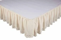 Flax And Lace Queen Bed Skirt, 16" Drop, Natural Cream Dust Ruffle With Crochet Lace Trim, Vintage Farmhouse, Boho