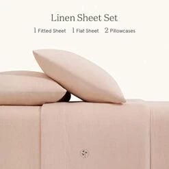 Inen Queen Sheet Set, Prewashed 100% French Linen Bed Sheet, Breathable And Durable, 15" Deep Pocket Fitted Sheet, Flat Sheet And 2 Pillowcase, Pink Flax Bedding Set (Set Of 4)