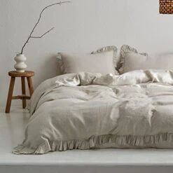 100% Washed French Linen Duvet Cover Set-104''x92'' King Size-3 Pieces Vintage Ruffled Farmhouse Bedding 1 Comforter Cover 2 Pillowshams High End Floral Frill Flax Sets,Natural Linen