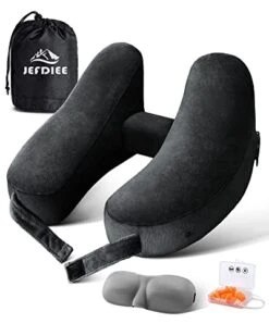 JefDiee Neck Pillows For Travel, Travel Pillow For Neck, Chin, Head Support, Airplane Pillow With Soft Washable Velour Cover, Hat, Portable Luxury Bag, 3D Sleep Mask And Earplugs (Black)