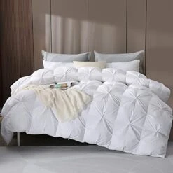 Pinch Pleat Goose Feathers Down Comforter Queen/Full Size, Ultra Soft Cotton Blend Cover, Luxury Fluffy Duvet Insert With 8 Corner Tabs, All-Season Medium Warm Bed Comforter(White, 90"x90")