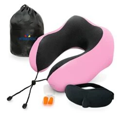 Subrenna Pink 100% Memory Foam Travel Pillow, Airplane Pillow With Eye Mask And Ear Plugs For Sleeping - Supports Neck & Head In Airplane, Bus, Train And Car