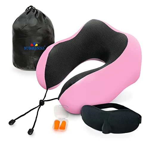 Subrenna Pink 100% Memory Foam Travel Pillow, Airplane Pillow With Eye Mask And Ear Plugs For Sleeping - Supports Neck & Head In Airplane, Bus, Train And Car 1 Subrenna Pink 100% Memory Foam Travel Pillow, Airplane Pillow With Eye Mask And Ear Plugs For Sleeping - Supports Neck & Head In Airplane, Bus, Train And Car