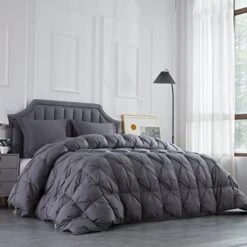 120x120 Oversized King Goose Feather And Down Comforter, Grey Pinch Pleat Super King Duvet Insert With 100% Cotton Cover, Fluffy Extra Large Comforter With Corner Tabs