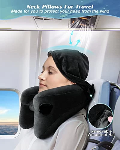 JefDiee Neck Pillows For Travel, Travel Pillow For Neck, Chin, Head Support, Airplane Pillow With Soft Washable Velour Cover, Hat, Portable Luxury Bag, 3D Sleep Mask And Earplugs (Black) 3 JefDiee Neck Pillows For Travel, Travel Pillow For Neck, Chin, Head Support, Airplane Pillow With Soft Washable Velour Cover, Hat, Portable Luxury Bag, 3D Sleep Mask And Earplugs (Black) - Image 3