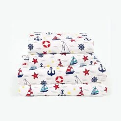 4-Piece Sail Day Full Bed Sheet Set Microfiber Deep Pocket Bedding Sailboat Ships Anchor Ocean, Blue Red