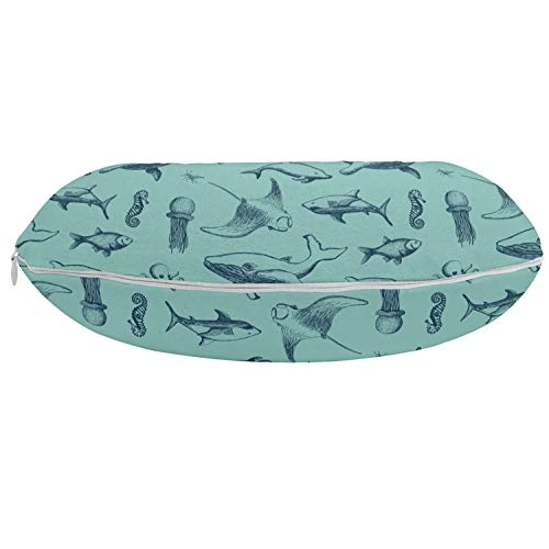 Nautical Travel Pillow Neck Rest, Vintage Marine Style Pattern With Whale Shark Jellyfish Seahorse, Memory Foam Traveling Accessory For Airplane And Car, 12", Sky Blue 2 Nautical Travel Pillow Neck Rest, Vintage Marine Style Pattern With Whale Shark Jellyfish Seahorse, Memory Foam Traveling Accessory For Airplane And Car, 12", Sky Blue - Image 2