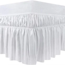 Queen Elastic Bed Ruffle - Easy Wrap Around Ruffle - Microfiber Bed Skirt With Adjustable Elastic Belt 16 Inch Tailored Drop - Hotel Quality Bedskirt, Fade Resistant (Queen, White)
