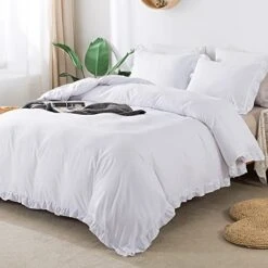 White Duvet Cover Queen(90x90Inch), 3 Pieces(1 Ruffle Duvet Cover, 2 Pillowcases) Farmhouse Shabby Chic Duvet Cover, Soft Microfiber Ruffled Duvet Cover Set With Zipper Closure & Corner Ties