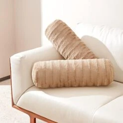 Cheer Collection Set Of 2 Faux Fur Bolster Pillows, Decorative Roll Pillow For Couch With Removable Washable Cover, Cylinder Neck Pillows For Bed, Chair Or Sofa, 8” X 24” Inch, White -Amazon Shop 41A857yi6cL. AC