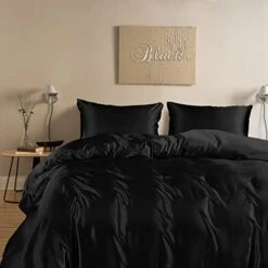 Bamboo Duvet Cover Queen Set Size Silky Jet Black 3PCS 300TC Luxury Soft Comforter Cover 90" X 90", Oeko-Tex Cooling Bamboo Duvet Covers With Zipper Closure And Corner Ties