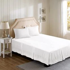 - Embroidered Eyelet Bed Skirts, Bright White 14" Drop King, 100% Soft Cotton Tailored Hemstitch Dust Ruffle With Split Corners, 3 Sides And Cotton Decking