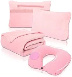 Travel Blanket And Pillow Set - Portable Inflatable Travel Neck Pillow And Premium Soft Airplane Blanket With Built-in Soft Bag, Neck Snaps, Zippered Pouch, And Hand Luggage Strap, 70" X 40" (Pink) -Amazon Shop 41FRdSA XIL. AC