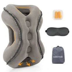 SAHEYER Inflatable Travel Pillows, New Upgrade Inflatable Airplane Pillow For Sleeping Rest Avoid Neck And Shoulder Pain, Inflatable Neck Pillow With Free Eye Mask And Earplugs (Grey)