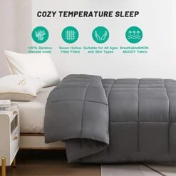 Cooling Bamboo Comforter, Soft Lightweight Bamboo King Size Summer Comforter Down Alternative Duvet Insert ，8 Corner Tabs, Breathable Comforter For Hot Sleepers（Grey-Summer，102x90）
