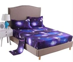 Galaxy 3D Printing Bed Sheet Bedding Set, Soft Microfiber Fitted Sheet Set，Galaxy Themed Sheets 4 Pcs Flat Sheet& Fitted Sheets With 2 Pillowcases (Queen, 07)
