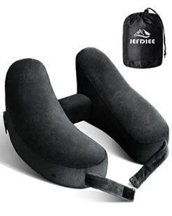 JefDiee Travel Pillow For Neck, Neck Pillows For Travel, Chin, Head Support, Airplane Pillow With Soft Washable Velour Cover, Hat, Portable Luxury Bag (Black-2)