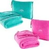 BlueHills Premium Soft Travel Blanket Pillow Value Pack Set Of 2 - Airplane Flight Blanket Throw In Soft Bag With Luggage Belt Compact Pack Large Blanket For Travel Pink And Teal Green Color