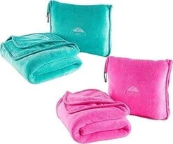 BlueHills Premium Soft Travel Blanket Pillow Value Pack Set Of 2 - Airplane Flight Blanket Throw In Soft Bag With Luggage Belt Compact Pack Large Blanket For Travel Pink And Teal Green Color