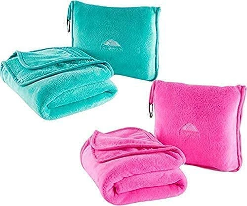 BlueHills Premium Soft Travel Blanket Pillow Value Pack Set Of 2 - Airplane Flight Blanket Throw In Soft Bag With Luggage Belt Compact Pack Large Blanket For Travel Pink And Teal Green Color 1 BlueHills Premium Soft Travel Blanket Pillow Value Pack Set Of 2 - Airplane Flight Blanket Throw In Soft Bag With Luggage Belt Compact Pack Large Blanket For Travel Pink And Teal Green Color
