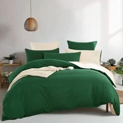 Dark Green Duvet Cover Reversible Beige Duvet Cover Queen Size 3 Pieces Soft Microfiber Minimalilst Style Solid Colored Bedding Set With Zipper Ties Home Deco Gift Choice