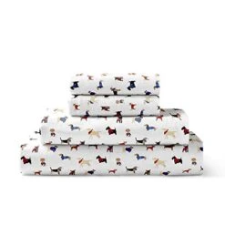 Flannel Sheet Set Cotton Soft Warm & Cozy Modern Chic With Elastic Deep Pockets, King, Dogs White
