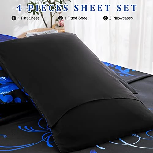 Lue Sheet Set Queen, 4 Piece Soft Microfiber Blue Rose Bedding Sheets With 1 Deep Pocket Fitted Sheet,1 Flat Sheet, 2 Pillowcase. All-Season Floral Bed Sheet For Queen Bed 6 Lue Sheet Set Queen, 4 Piece Soft Microfiber Blue Rose Bedding Sheets With 1 Deep Pocket Fitted Sheet,1 Flat Sheet, 2 Pillowcase. All-Season Floral Bed Sheet For Queen Bed - Image 6