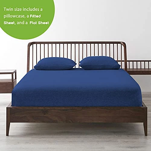 Jersey Bed Sheet Set Twin, 3 Pc Bed Sheets With Up To 10" Deep Pocket,Ultra Soft Comfortable,All Season T-Shirt Sheets Bedding,Navy Blue 2 Jersey Bed Sheet Set Twin, 3 Pc Bed Sheets With Up To 10" Deep Pocket,Ultra Soft Comfortable,All Season T-Shirt Sheets Bedding,Navy Blue - Image 2