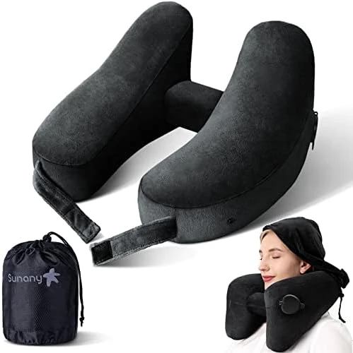 Neck Pillow For Travel Inflatable Airplane Pillow Comfortably Supports Head, Neck And Chin, Inflatable Travel Pillow With Soft Velour Cover And Portable Drawstring Bag (Black) 5 Neck Pillow For Travel Inflatable Airplane Pillow Comfortably Supports Head, Neck And Chin, Inflatable Travel Pillow With Soft Velour Cover And Portable Drawstring Bag (Black) - Image 5