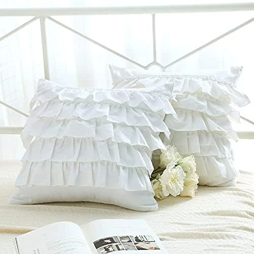 2-Pack Bright White Pillow Cases Shams Covers With Long Ruffles Shabby Chic Egypt Cotton King Size 20"X36"Soft Boudoir 10 2-Pack Bright White Pillow Cases Shams Covers With Long Ruffles Shabby Chic Egypt Cotton King Size 20"X36"Soft Boudoir - Image 10