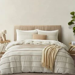 Beige Duvet Cover Queen Size - Pleated Queen Duvet Cover, 3PCS Soft And Breathable Textured Bedding Set With Zipper Closure(Beige,90"x90")