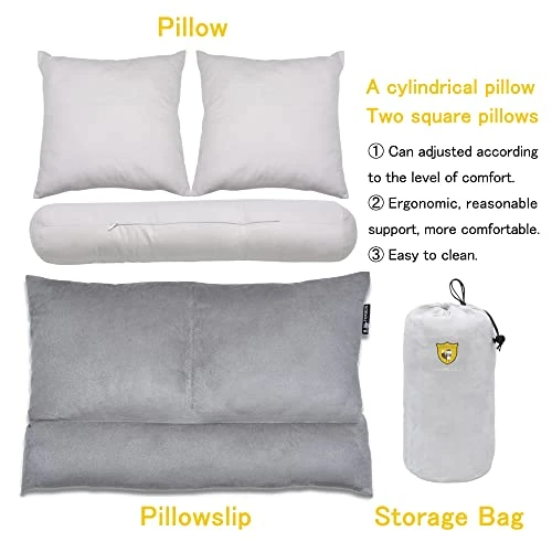 FOXSEON Camping Pillow - Travel Pillow, Pillowcase Wraps A Cylindrical Pillow And Two Square Pillows, Support Neck Pillow For Sleeping And Traveling (Gray) 2 FOXSEON Camping Pillow - Travel Pillow, Pillowcase Wraps A Cylindrical Pillow And Two Square Pillows, Support Neck Pillow For Sleeping And Traveling (Gray) - Image 2