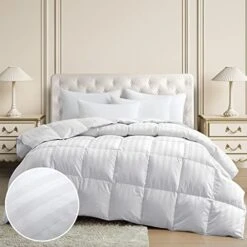 Luxurious All Season Down Comforter Hotel Collection White Stripe 100% Cotton Shell 500 Thread Count Super Soft Medium Warmth Duvet Insert, Cal King