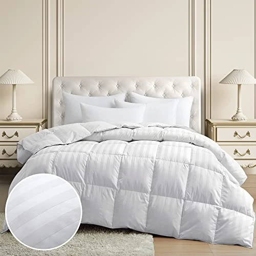 Luxurious All Season Down Comforter Hotel Collection White Stripe 100% Cotton Shell 500 Thread Count Super Soft Medium Warmth Duvet Insert, Cal King 1 Luxurious All Season Down Comforter Hotel Collection White Stripe 100% Cotton Shell 500 Thread Count Super Soft Medium Warmth Duvet Insert, Cal King