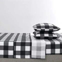 - Gray Plaid Sheet Set, Buffalo Check Gingham Geometric Checker Pattern Printed In Dark Grey White, Soft Microfiber Bedding (4pcs, Queen Size)