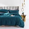 100% Egyptian Cotton Duvet Cover Peacock Blue Morden Bedding Set King Size With Zipper Closure & Corner Tie (No Comforter)
