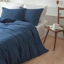 Twin Duvet Cover Navy Blue 3 Pieces Hotel Bedding Set 100% Washed Microfiber Soft And Breathable Comforter Cover With Zipper Closure & Corner Ties