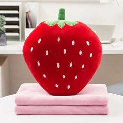 Unlockgift Cute Animal Soft Travel Blanket And Pillow Set Compact Travel Pillow With Blanket For Airplane, Car, Camping, Office, Train-Strawberry
