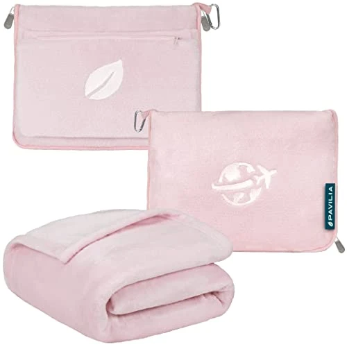 PAVILIA Travel Blanket And Pillow Set, Airplane Blanket Compact 2-in-1 Soft Bag, Travel Essentials For Adult Flight, Portable Throw With Arm Hole, Plane Car Traveling Gift Accessories, Pink 1 PAVILIA Travel Blanket And Pillow Set, Airplane Blanket Compact 2-in-1 Soft Bag, Travel Essentials For Adult Flight, Portable Throw With Arm Hole, Plane Car Traveling Gift Accessories, Pink