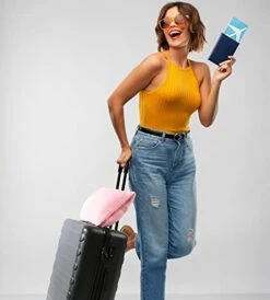 Travel Blanket And Pillow Set - Portable Inflatable Travel Neck Pillow And Premium Soft Airplane Blanket With Built-in Soft Bag, Neck Snaps, Zippered Pouch, And Hand Luggage Strap, 70" X 40" (Pink) -Amazon Shop 41s72idnqLL