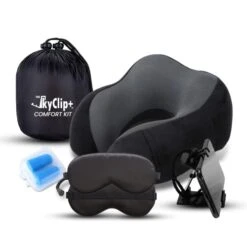 The SkyClip+ Travel Neck Pillow Set – Airplane Travel Kit With Memory Foam Neck Pillow, Eye Mask, Earplugs, Inflight Phone And Tablet Holder Clip - Soft And Breathable Airplane Pillow For Sleeping