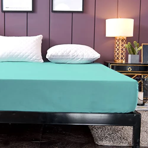 Waterproof Mattress Protector Cover Queen Size 14 Inches Deep Pocket Polyester Bed Cover Solid Color Fitted Sheet (60‘’x80‘’ (Aqua Blue, Queen) 2 Waterproof Mattress Protector Cover Queen Size 14 Inches Deep Pocket Polyester Bed Cover Solid Color Fitted Sheet (60‘’x80‘’ (Aqua Blue, Queen) - Image 2