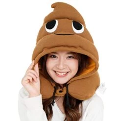 SAZAC Animal Neck Support Pillow - Soft, Cozy Travel Cushion With Adjustable Toggle - Attached Hood For Warmth And Privacy - Authentic Japanese Kawaii Design - Premium Quality (Poop)