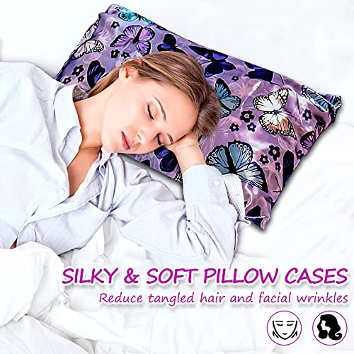 Ilk Satin Pillowcase For Hair And Skin Soft Satin Pillow Cases Standard Size Pack Of 2, Wrinkle, Fade-Resistant With Envelope Closure (20’’x26’’, Purple, Butterflies & Flower) 3 Ilk Satin Pillowcase For Hair And Skin Soft Satin Pillow Cases Standard Size Pack Of 2, Wrinkle, Fade-Resistant With Envelope Closure (20’’x26’’, Purple, Butterflies & Flower) - Image 3