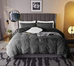 3pc Fluffy Plush Shaggy Duvet Cover Faux Fur Fluffy Comforter Bed Sets Ultra Soft Velvet Bedding Sets (1 Faux Fur Duvet Cover + 2 Pompoms Fringe Pillowcases) Zipper Closure Dark Grey, King