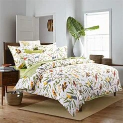 Duvet Quilt Cover Queen Size, Country Style Bedding Set Colorful Floral Branches Drawing Of Summer Blossoms (Queen,Green)