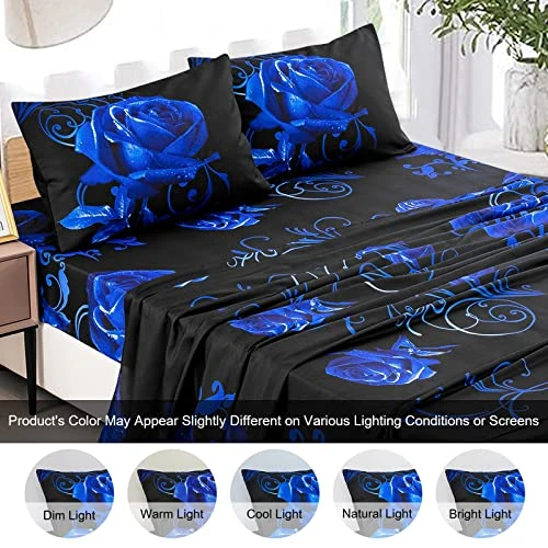 Lue Sheet Set Queen, 4 Piece Soft Microfiber Blue Rose Bedding Sheets With 1 Deep Pocket Fitted Sheet,1 Flat Sheet, 2 Pillowcase. All-Season Floral Bed Sheet For Queen Bed 3 Lue Sheet Set Queen, 4 Piece Soft Microfiber Blue Rose Bedding Sheets With 1 Deep Pocket Fitted Sheet,1 Flat Sheet, 2 Pillowcase. All-Season Floral Bed Sheet For Queen Bed - Image 3