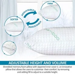 King Size Bamboo Pillow - Bed Pillows For Sleeping, Adjustable With Shredded Memory Foam – Back, Stomach, Side Sleeper, Washable, Removable Cover With Zipper - King (Pack Of 1) -Amazon Shop 513BmANkbPL
